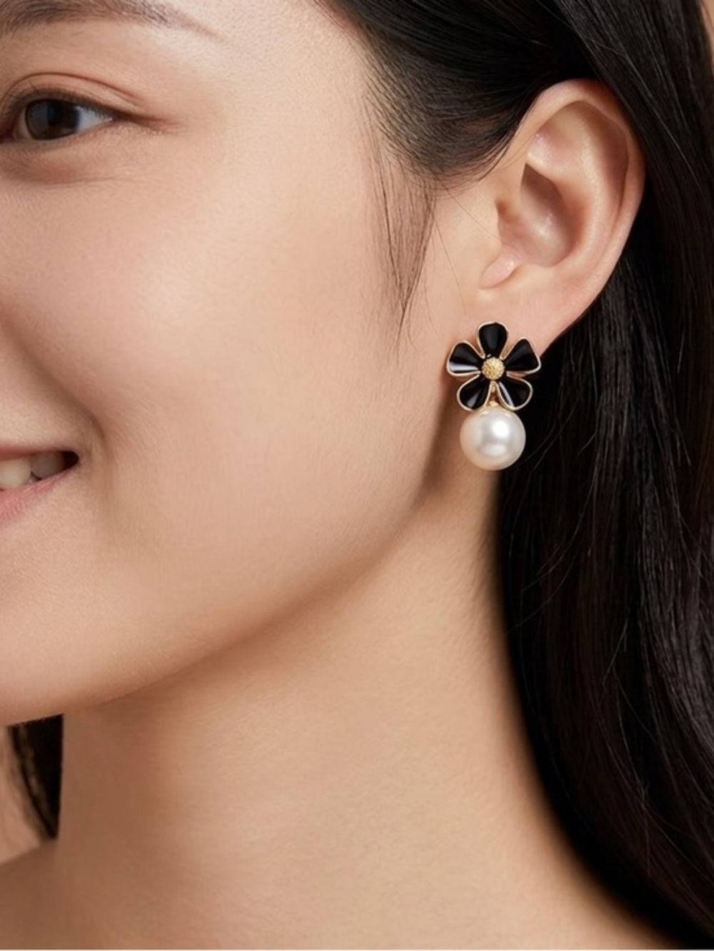 Black Flower Bead Stud Earrings with Pearl Drop - Gold Accent